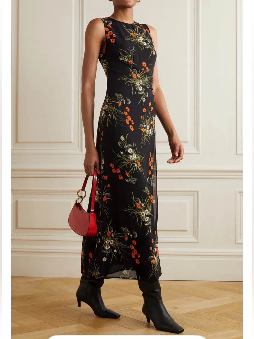Reformation Black Poppy Floral Maxi Dress Open Back Slit Size US 10 NWOT